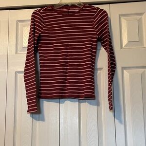 Striped Long-Sleeve Crewneck Top - Burgundy/light pink